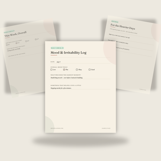 Three sample pages from the Menopause Mood & Irritability Journal fanned together, showing a daily log, weekly check-in, and grounding prompts