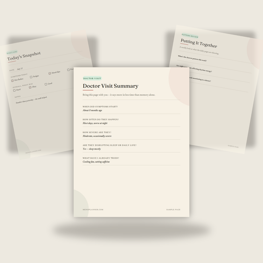 Three sample pages from the Menopause Symptom & Lifestyle Planner fanned together, showing a doctor's visit summary, daily log, and pattern review