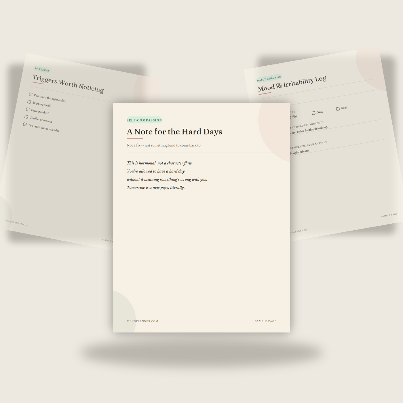 Three sample pages from the Menopause Mood & Irritability Journal fanned together, showing a self-compassion note, triggers and patterns, and a daily mood log