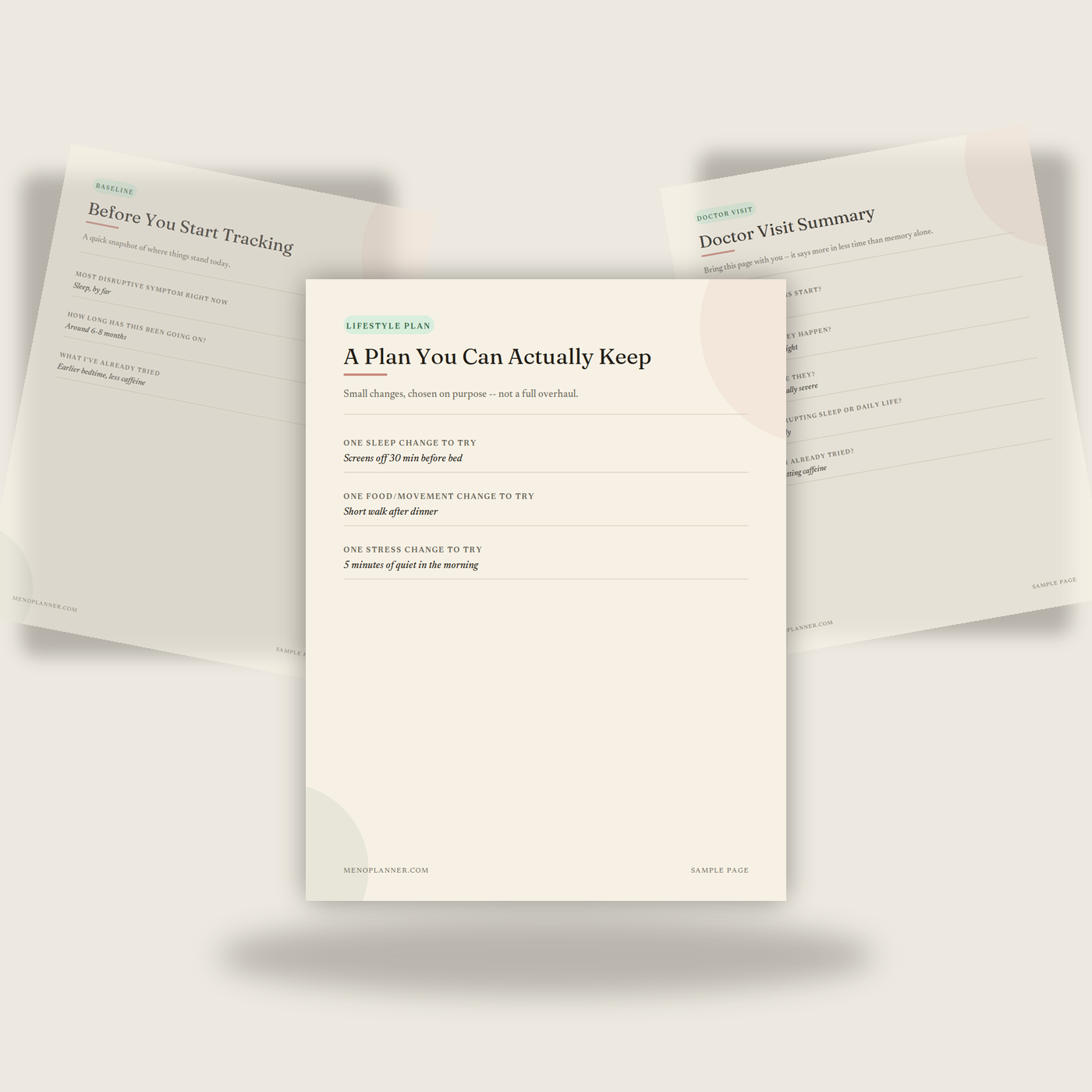 Three sample pages from the Menopause Symptom & Lifestyle Planner fanned together, showing a lifestyle plan, a baseline snapshot, and a doctor's visit summary