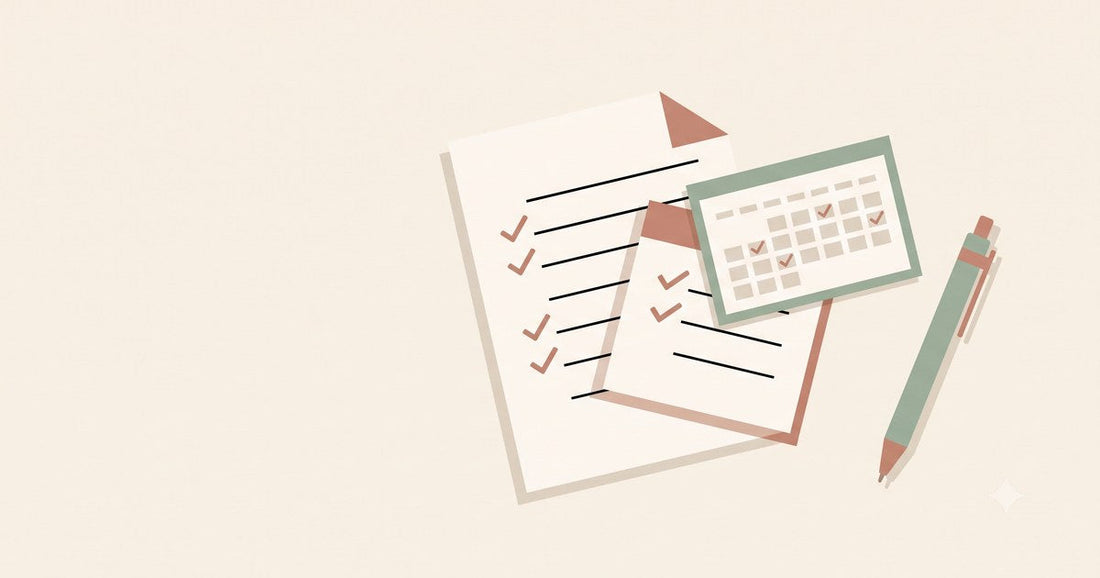 Illustration of a checklist page, a calendar with checkmarks, and a pen arranged together