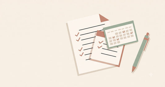 Illustration of a checklist page, a calendar with checkmarks, and a pen arranged together