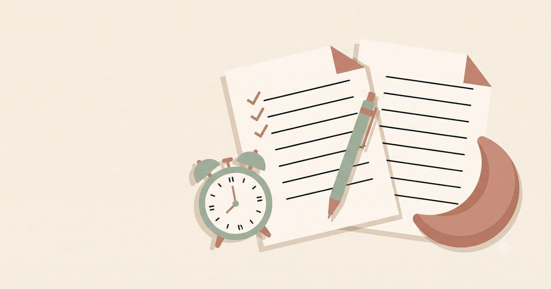 Illustration of an alarm clock, a checklist page, a pen, and a crescent moon shape