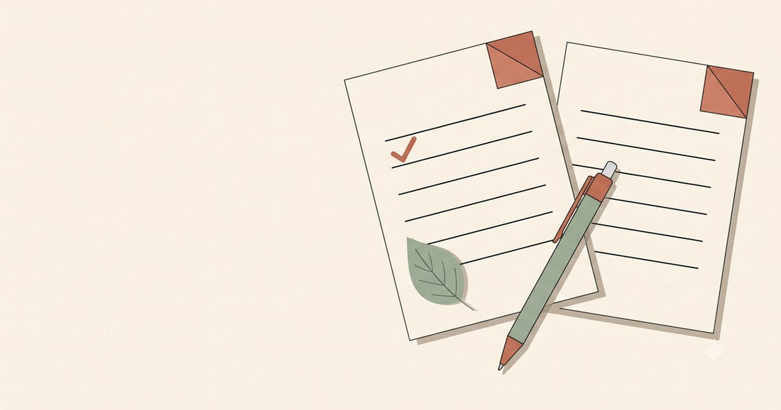 Illustration of an open journal page with a checkmark, a leaf, and a pen