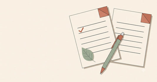 Illustration of an open journal page with a checkmark, a leaf, and a pen