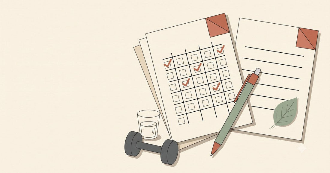 Illustration of a weekly habit-tracker grid with checkmarks, a water glass, a dumbbell, and a pen