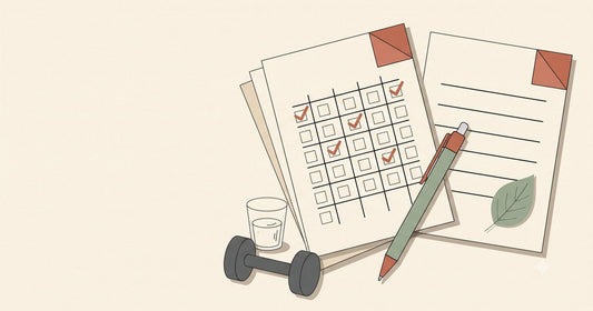 Illustration of a weekly habit-tracker grid with checkmarks, a water glass, a dumbbell, and a pen