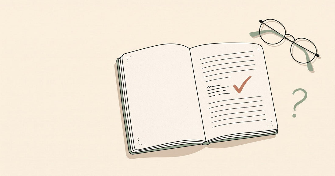 Illustration of an open journal page with a checkmark, a pair of glasses, and a question mark