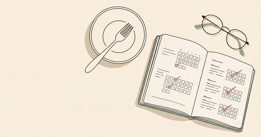 Illustration of a plate and fork beside an open journal with checkbox grids and checkmarks, and a pair of glasses