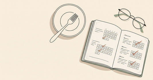 Illustration of a plate and fork beside an open journal with checkbox grids and checkmarks, and a pair of glasses
