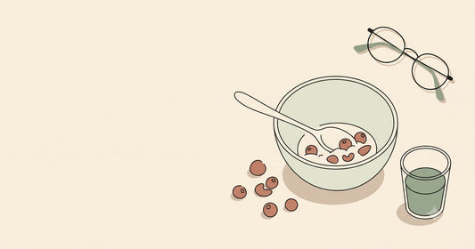 Illustration of a bowl of oats with berries, a smoothie glass, and a pair of glasses
