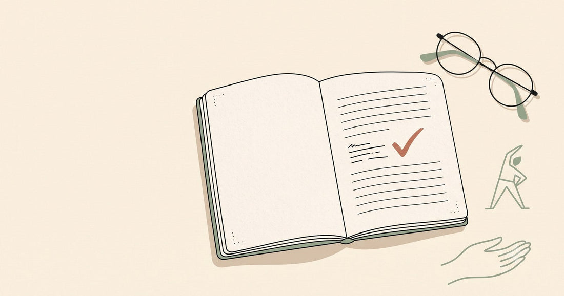 Illustration of an open journal page with a checkmark, a pair of glasses, a stretching figure, and a reaching hand