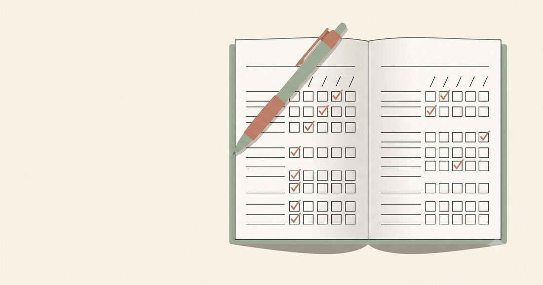Illustration of an open notebook with checklist pages and a pen, checkmarks filled in across several rows