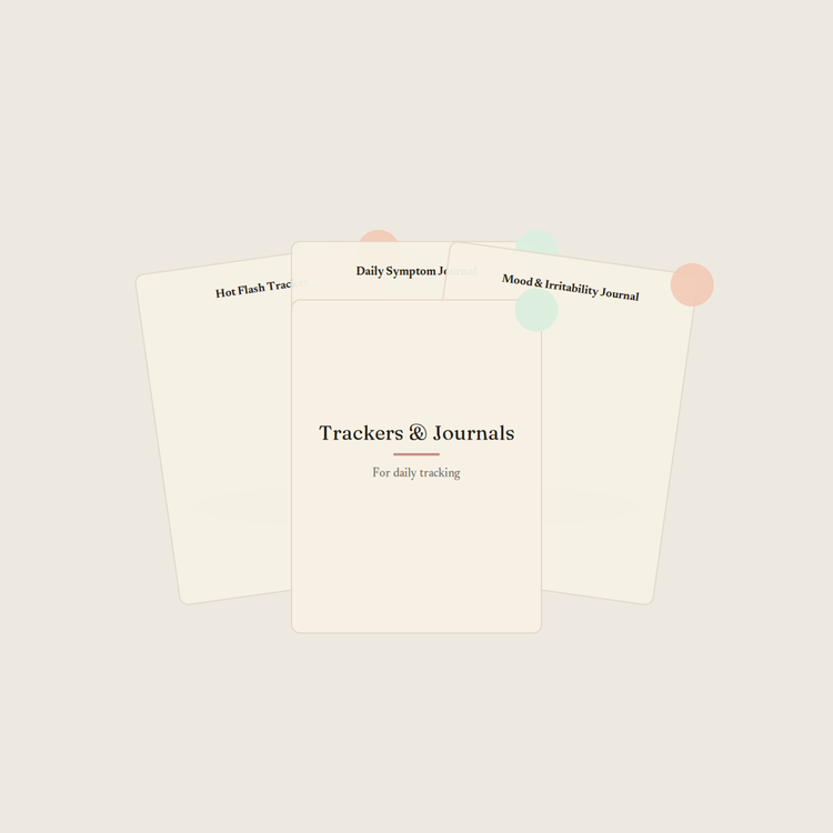 A fanned stack of journal covers behind the Trackers & Journals collection card, showing Hot Flash Tracker, Daily Symptom Journal, and Mood & Irritability Journal