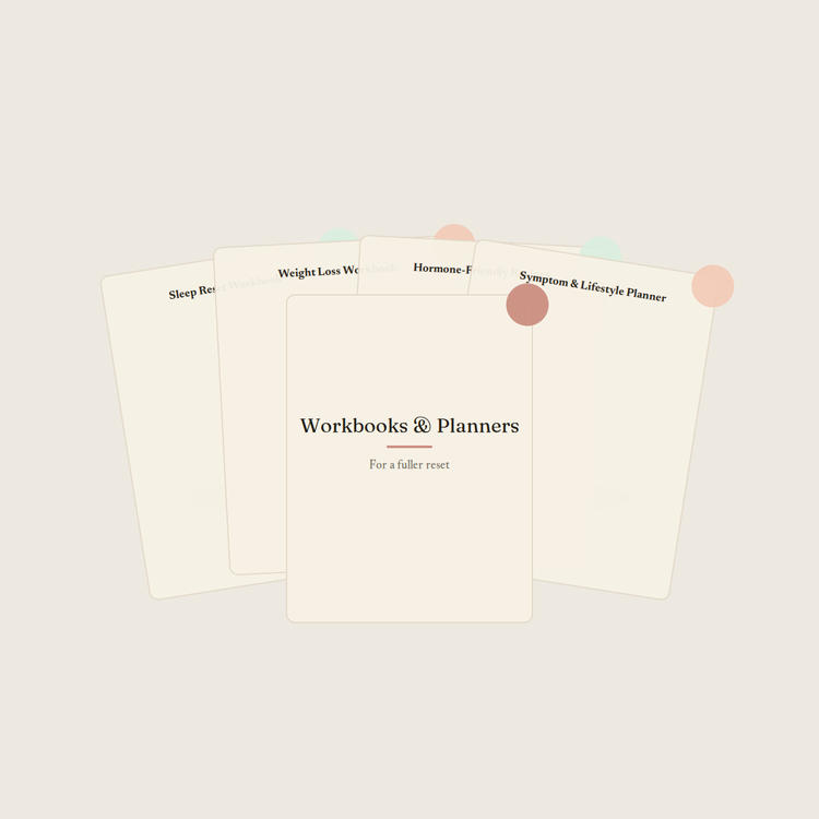 A fanned stack of journal covers behind the Workbooks & Planners collection card, showing Sleep Reset Workbook, Weight Loss Workbook, Hormone-Friendly Recipes, and Symptom & Lifestyle Planner