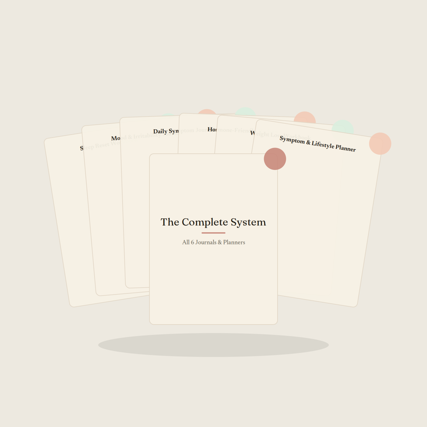 A fanned stack of six menoplanner journal covers behind "The Complete System" bundle cover