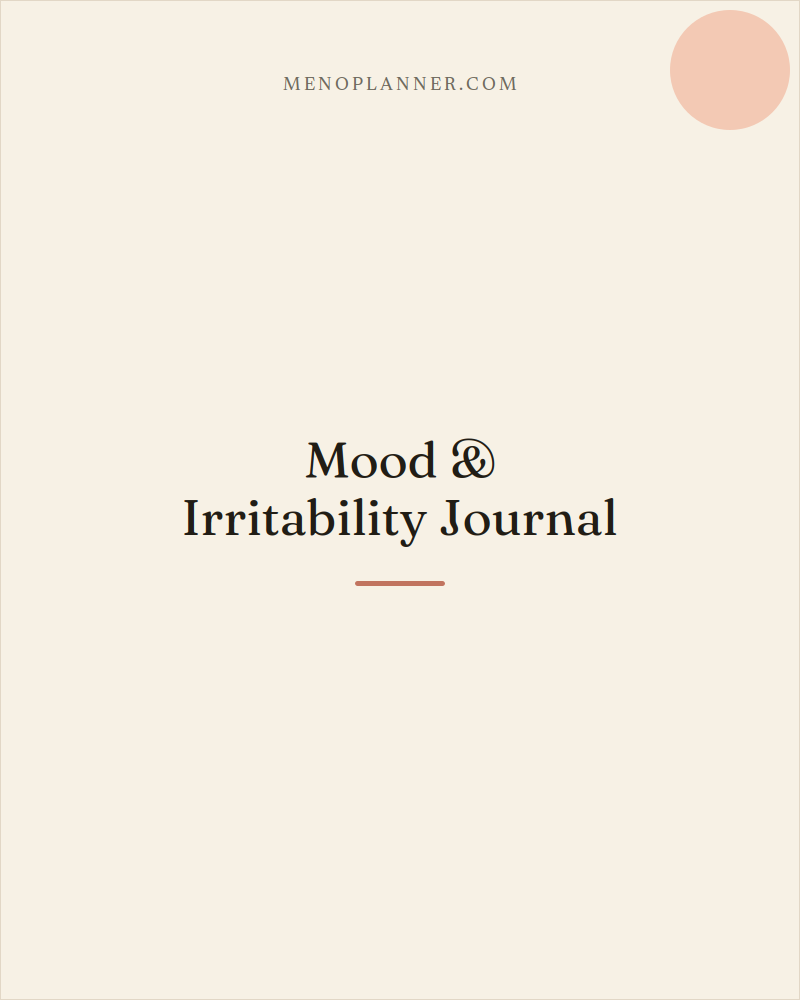 Grid thumbnail cover for the Menopause Mood & Irritability Journal, with a peach accent circle