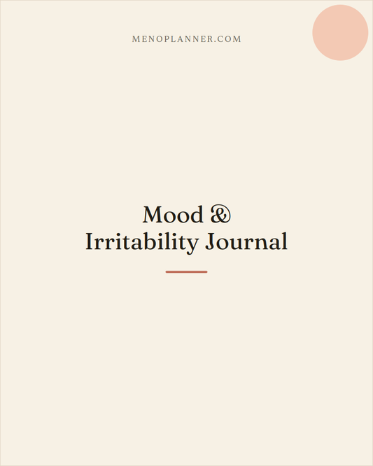 Grid thumbnail cover for the Menopause Mood & Irritability Journal, with a peach accent circle