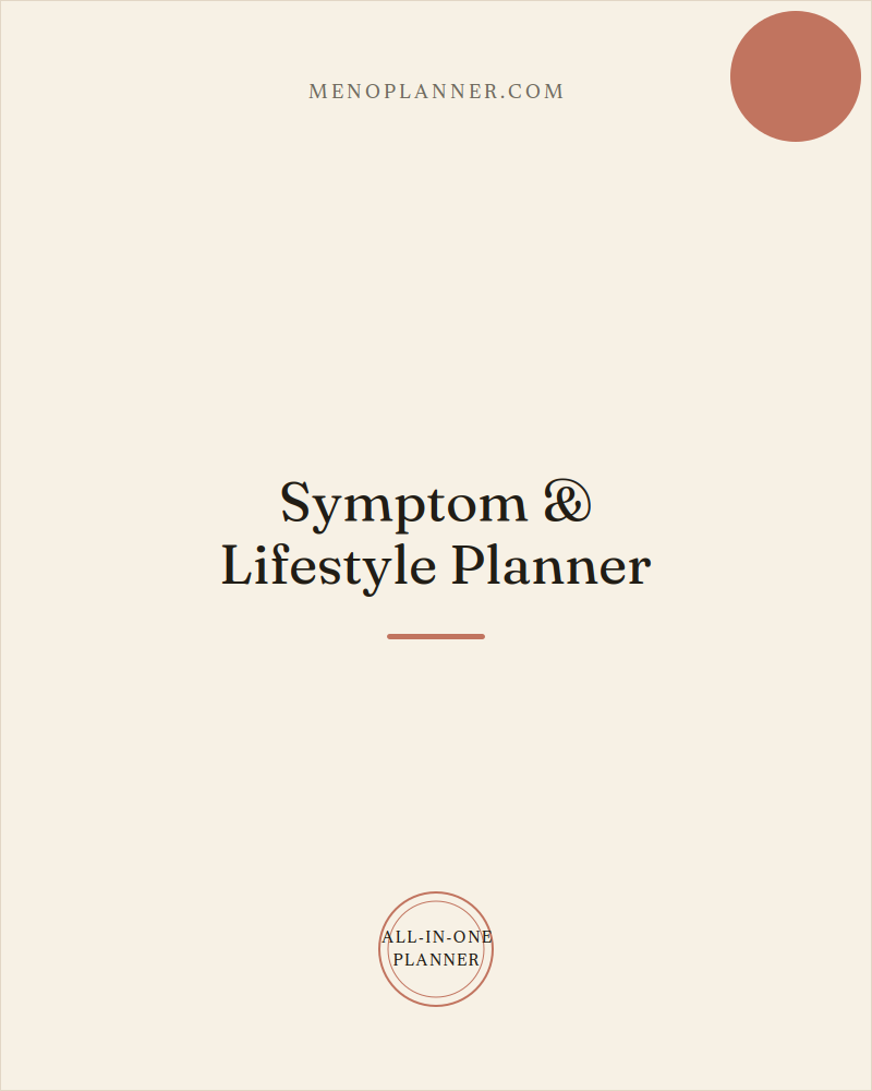 Grid thumbnail cover for the Menopause Symptom & Lifestyle Planner, marked "All-in-one Planner" with a clay accent circle