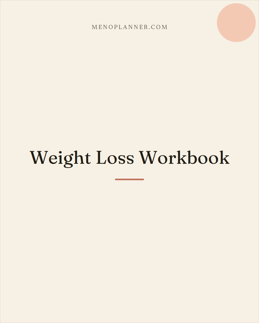 Grid thumbnail cover for the Menopause Weight Loss Workbook, with a peach accent circle