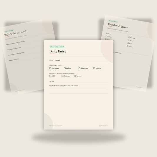 Three sample pages from the Daily Symptom Journal fanned together, showing a daily entry, weekly review, and trigger notes