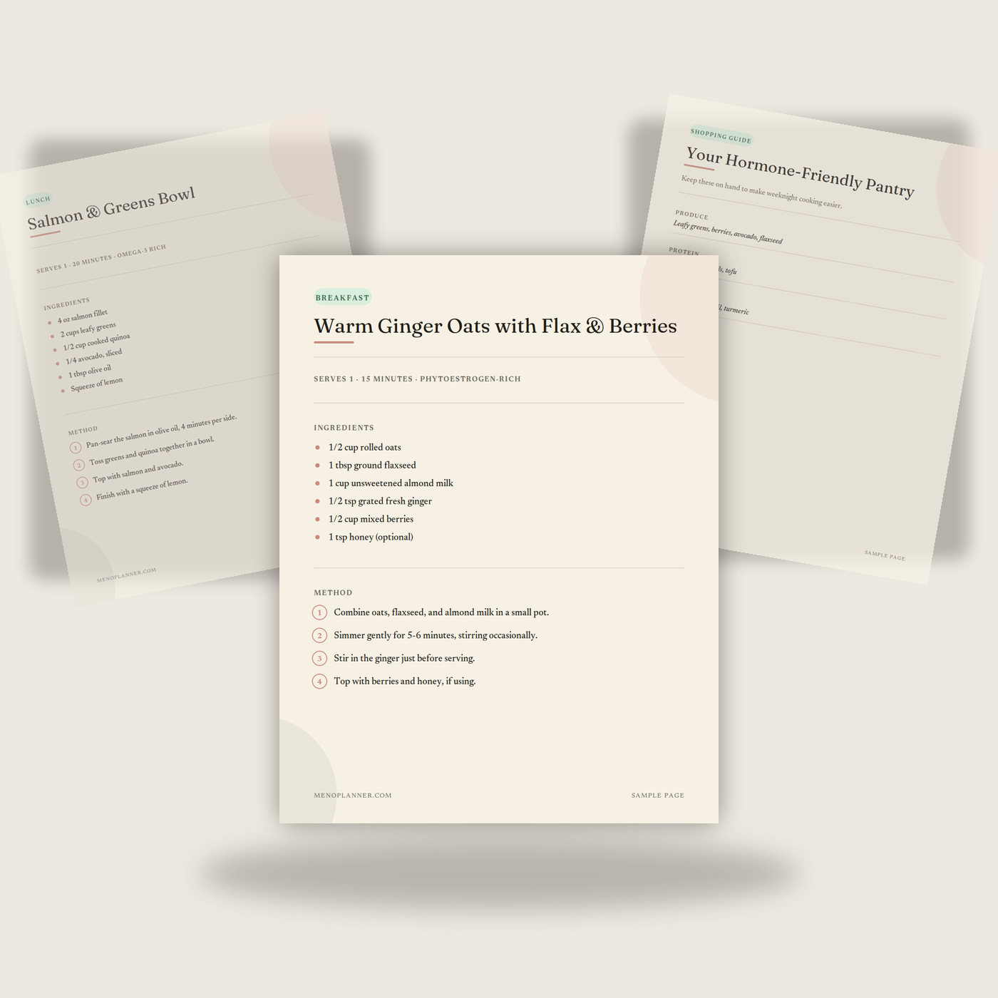 Three sample pages from Hormone-Friendly Recipes fanned together, showing a breakfast recipe, a lunch recipe, and a shopping guide