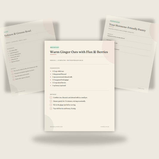 Three sample pages from Hormone-Friendly Recipes fanned together, showing a breakfast recipe, a lunch recipe, and a shopping guide
