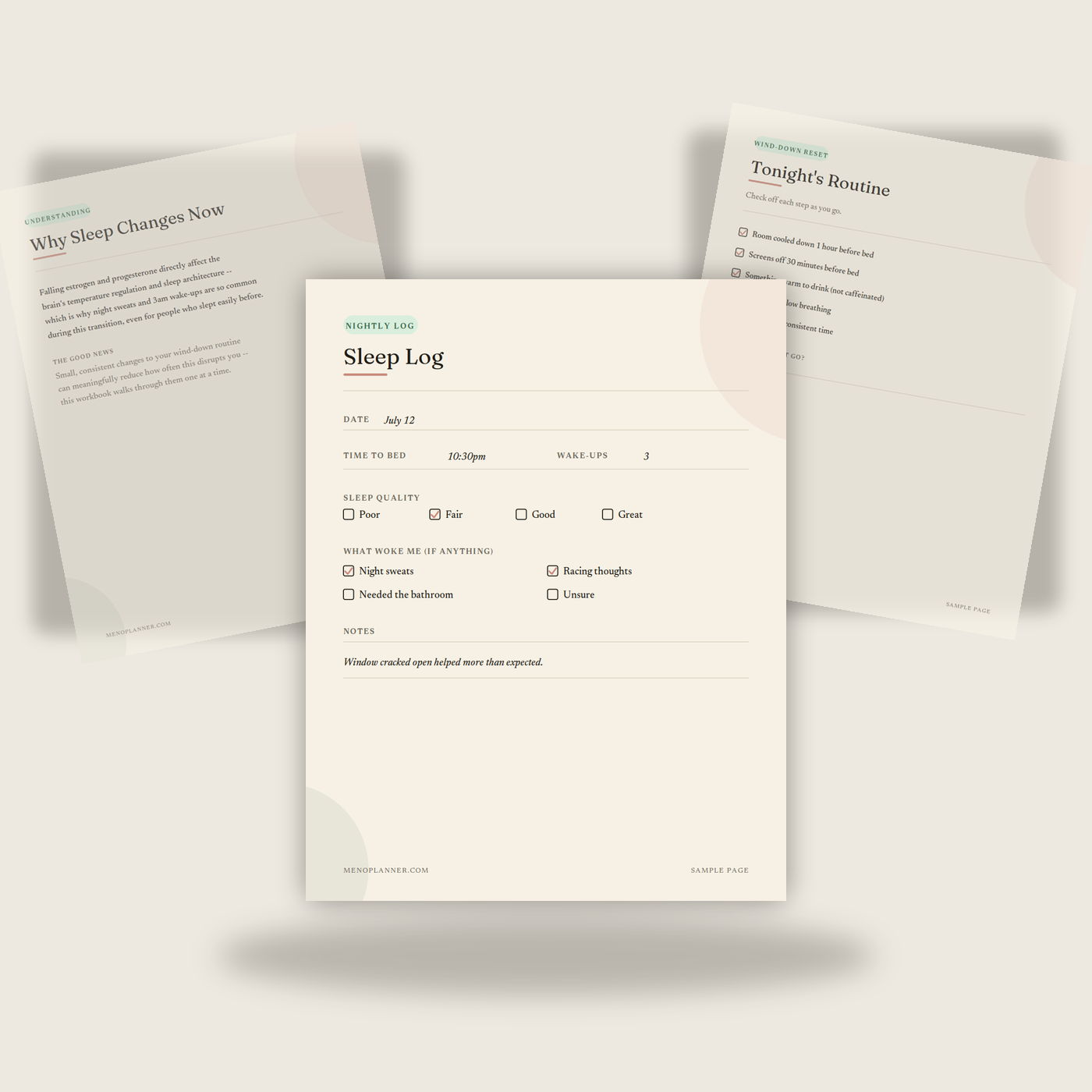 Three sample pages from the Menopause Sleep Reset Workbook fanned together, showing a sleep log, an educational page, and a wind-down routine