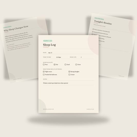 Three sample pages from the Menopause Sleep Reset Workbook fanned together, showing a sleep log, an educational page, and a wind-down routine