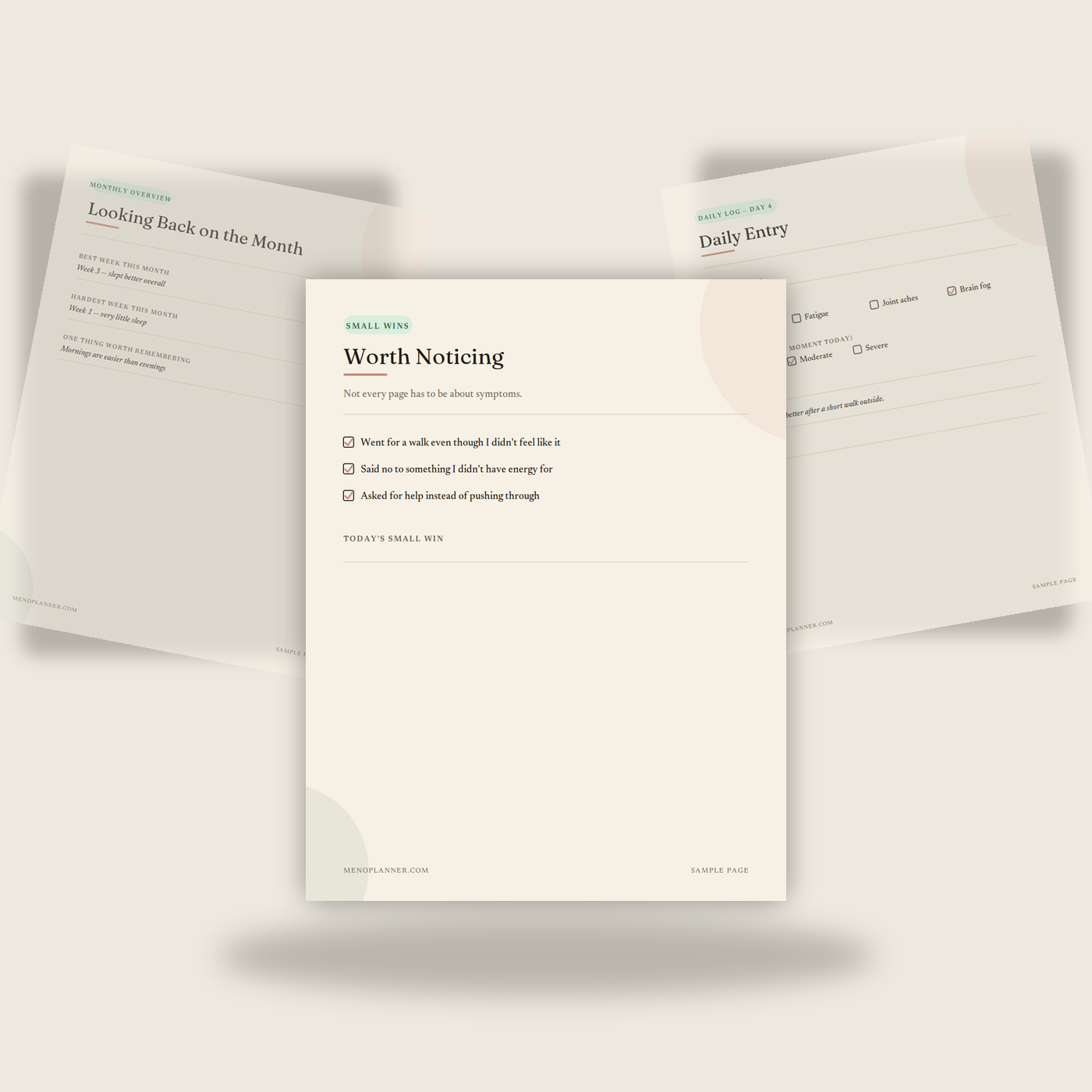 Three sample pages from the Daily Symptom Journal fanned together, showing small wins, a monthly overview, and a daily entry