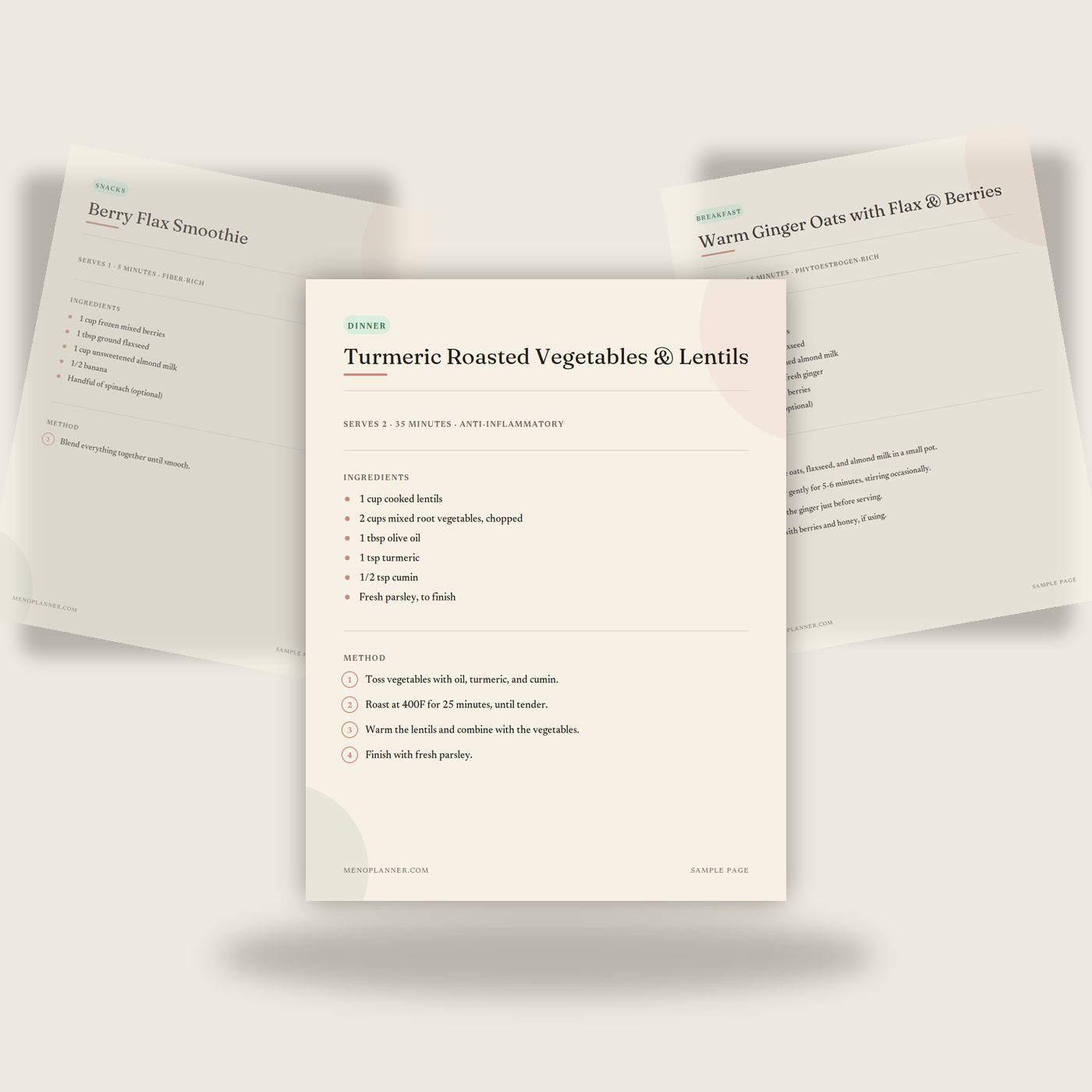 Three sample pages from Hormone-Friendly Recipes fanned together, showing a dinner recipe, a smoothie recipe, and a breakfast recipe