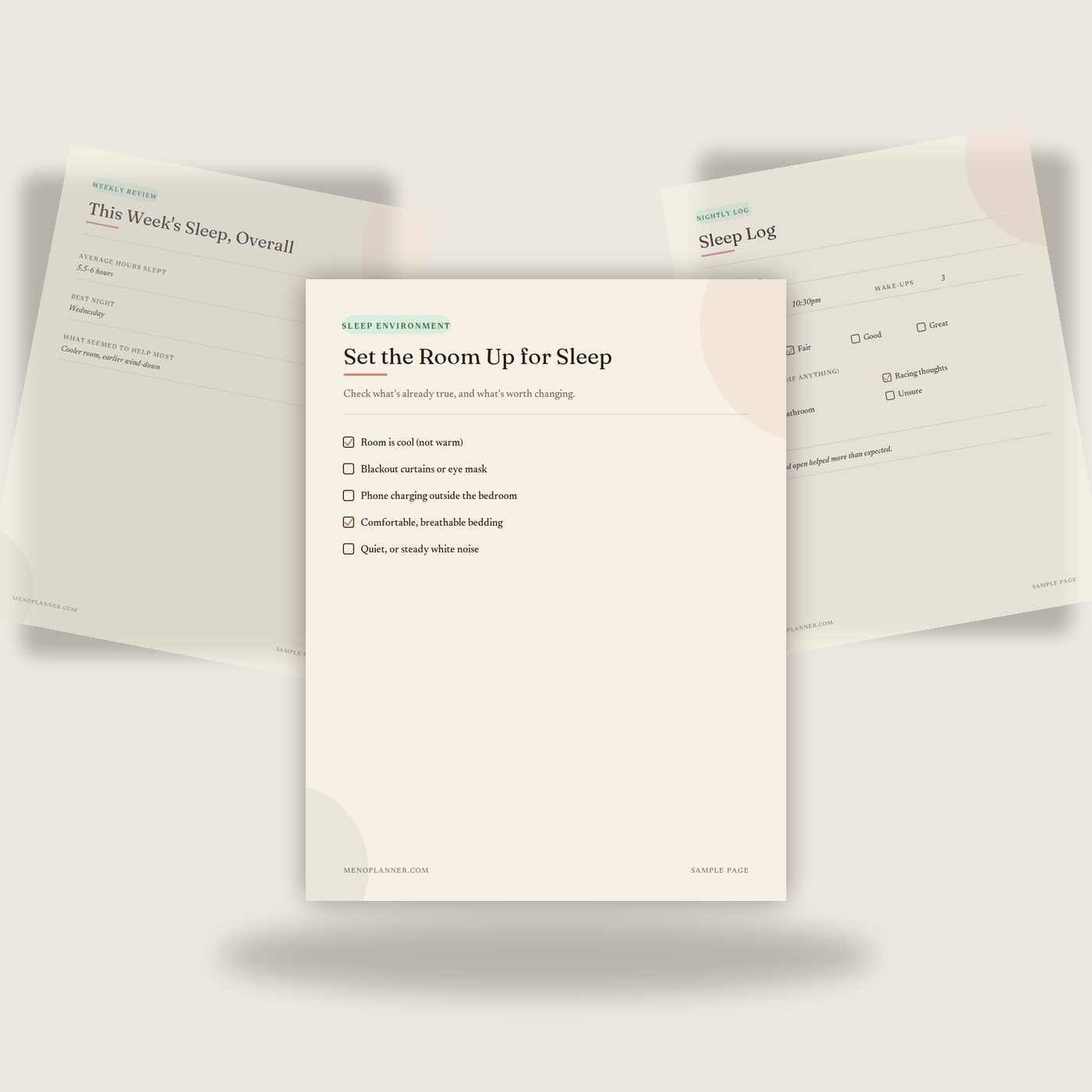 Three sample pages from the Menopause Sleep Reset Workbook fanned together, showing a sleep environment checklist, a weekly review, and a sleep log