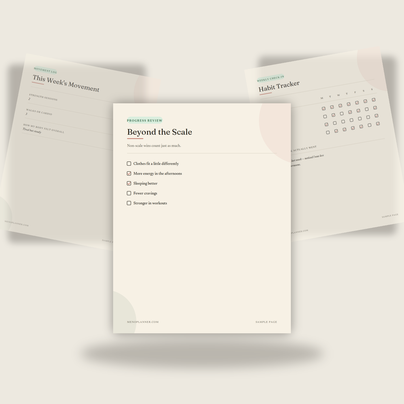 Three sample pages from the Menopause Weight Loss Workbook fanned together, showing a progress review, a movement log, and a habit tracker